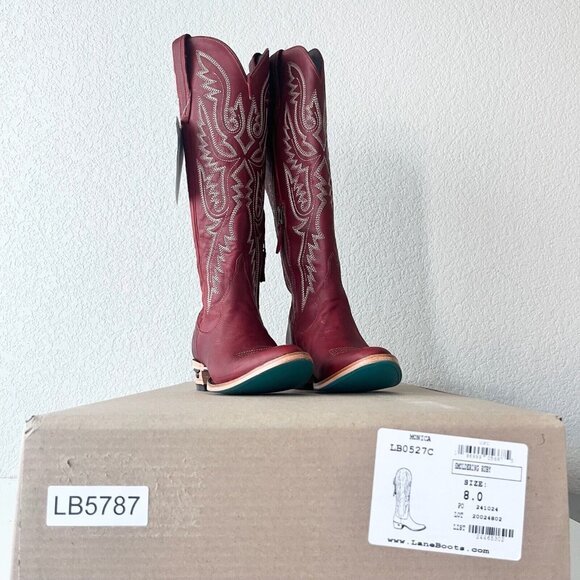 Lane MONICA Knee High Womens Cowboy Boots 8 Red Leather Western Style 17" Tall - Picture 10 of 11